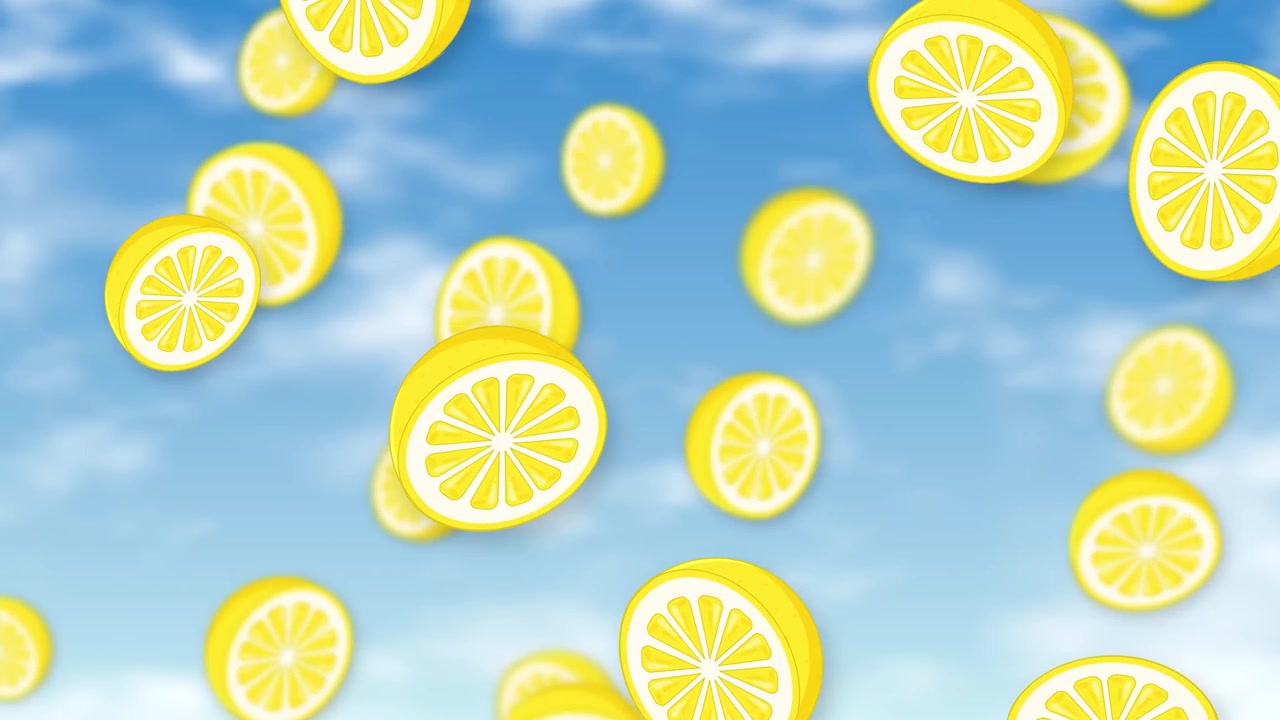 Fette di limone gialle stilizzate cadono continuamente attraverso un cielo azzurro brillante con nuvole soffici