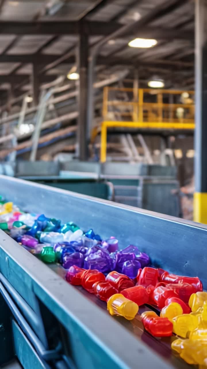 Materiali riciclati colorati che si muovono lungo un nastro trasportatore in un impianto industriale, a dimostrazione del processo di riciclo per vari oggetti in plastica e la loro separazione