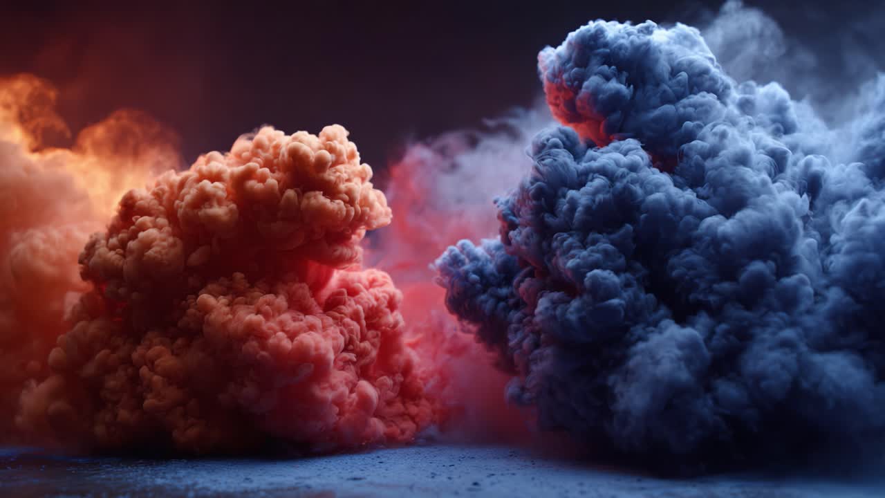 Dynamic Colorful Smoke Clouds in Motion: An Engaging Visual Representation of Contrast and Movement Captured Across Two Distinct Frames