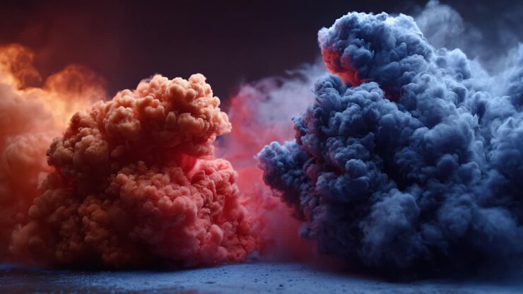 Dynamic Colorful Smoke Clouds in Motion: An Engaging Visual Representation of Contrast and Movement Captured Across Two Distinct Frames