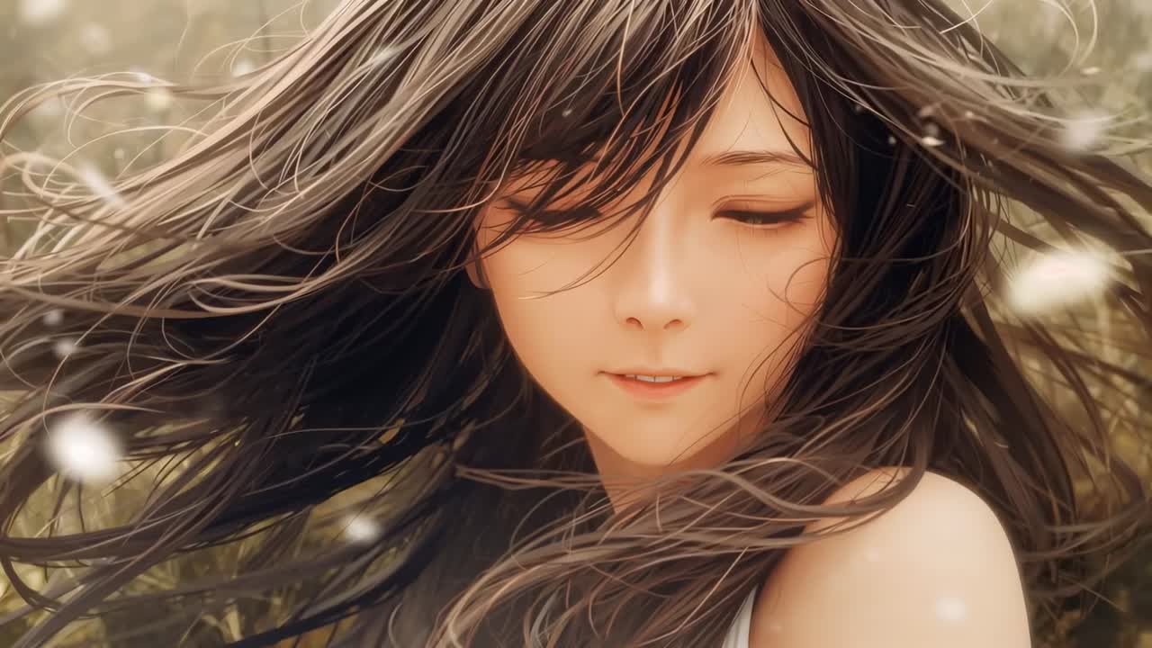 カメラに向かって、女性が日に照らされた牧草地で風に吹かれて黒髪が顔にかかるようにしている、白いノースリーブのトップス。