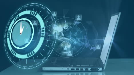 animación del reloj sobre la red de conexiones y la computadora portátil