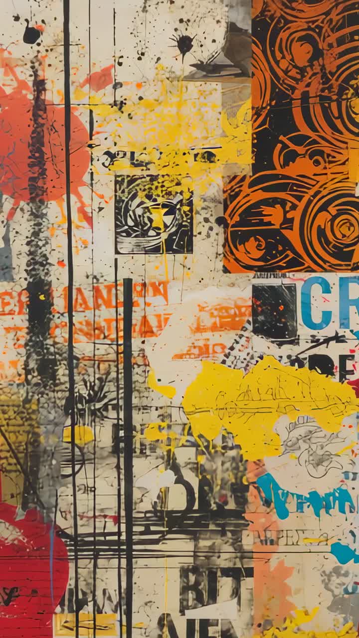 Video verticale: camera con panoramica in un corridoio, che rivela poster, macchia gialla, pannello arancione