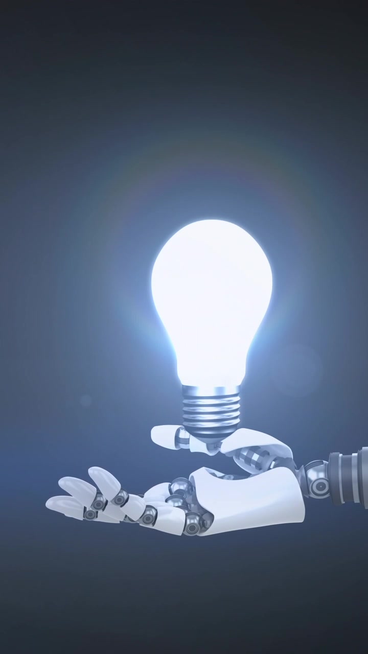 Animation af en oplyst pære over hånden på en robotarm, med bevægende lys på mørk baggrund