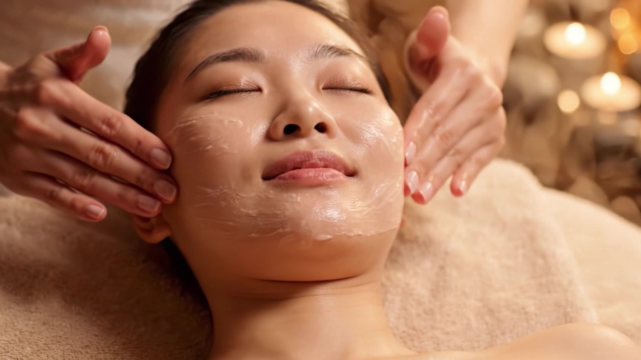 リラックスできるスパトリートメント：柔らかな照明に包まれた穏やかで静かな環境で、優しい手による贅沢なフェイシャルマッサージを楽しむ女性。