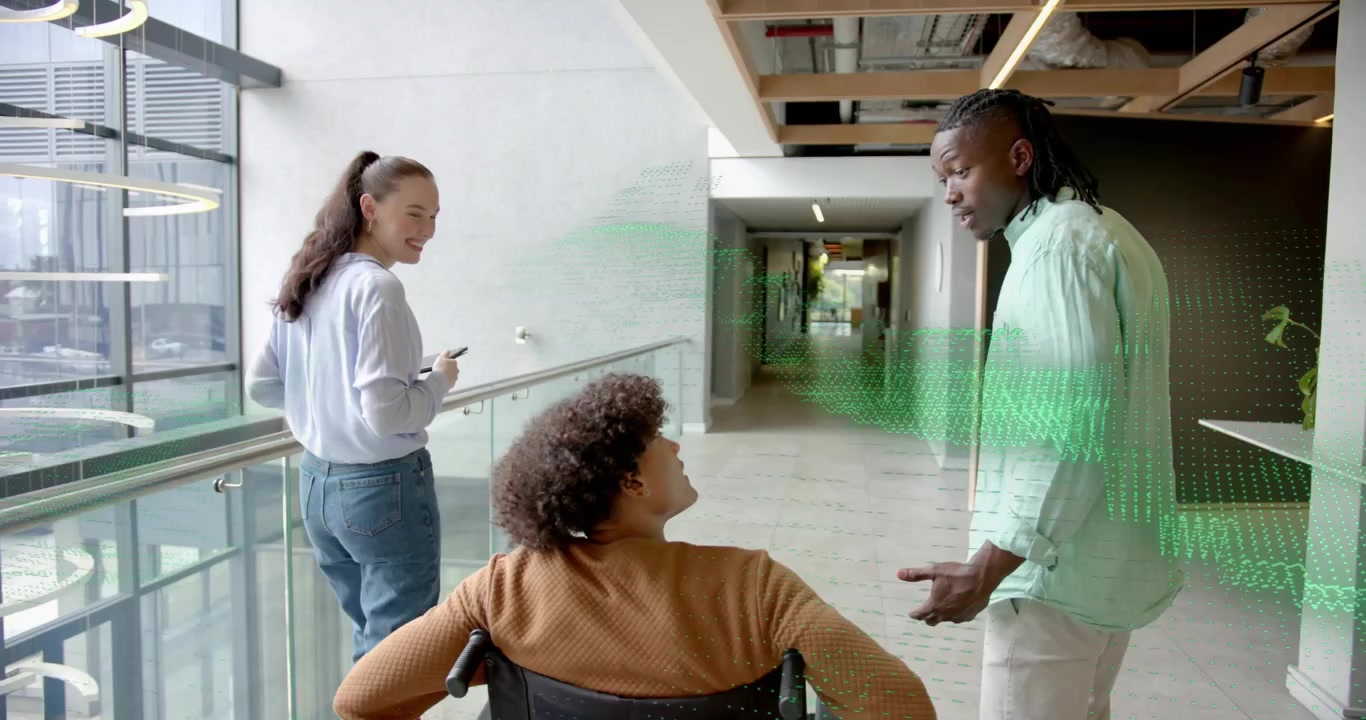Colleagues walking office hallway conversing, sparking tech data overlay driving team collaboration