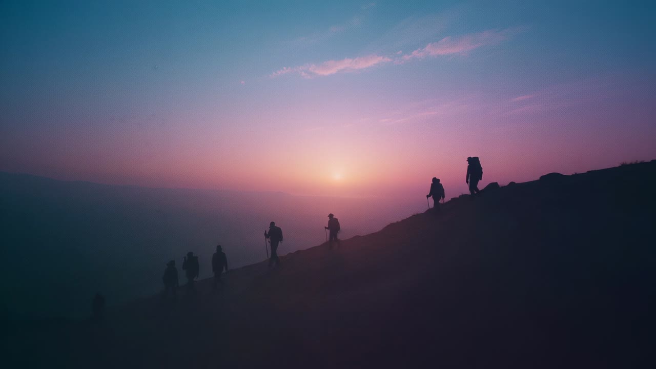 Pre-dawn glow urging hikers ascending mountain ridge to reach summit carrying packs using poles