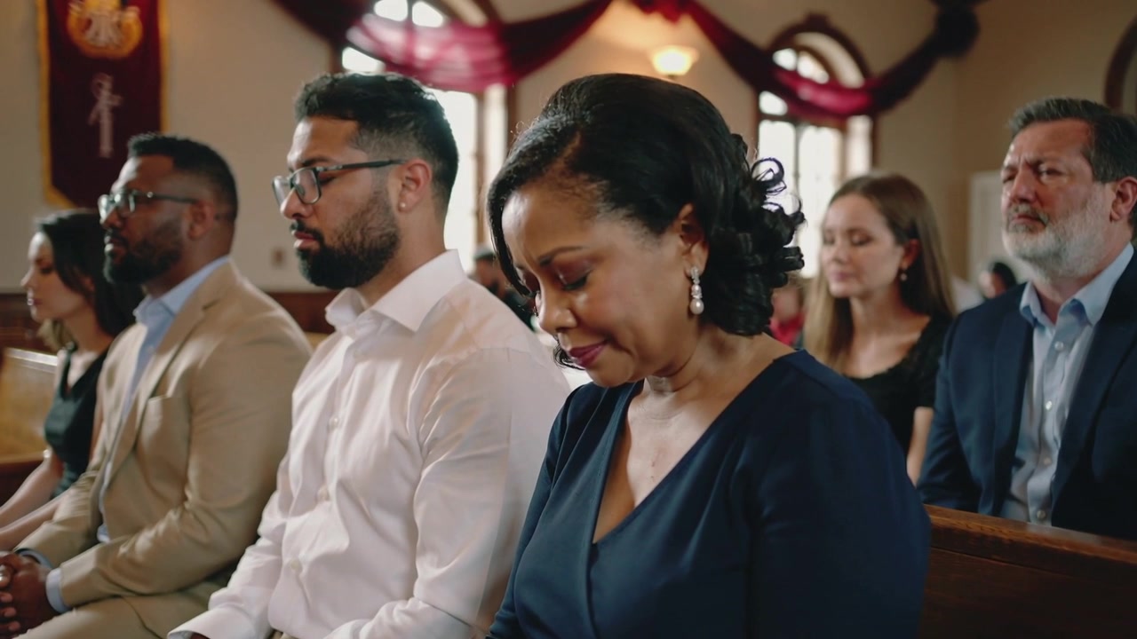 Bowing central woman in navy dress lowering gaze in church, service entering prayer wooden pews