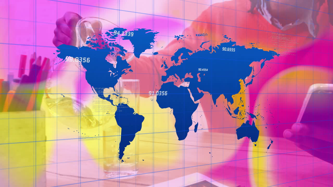 man pouring water while checking phone in technology hub with world map overlay, data points