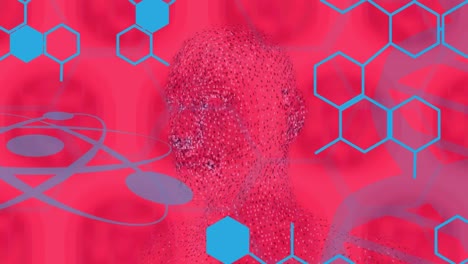 Animation-of-chemical-formulas-and-human-head-model-on-red-background