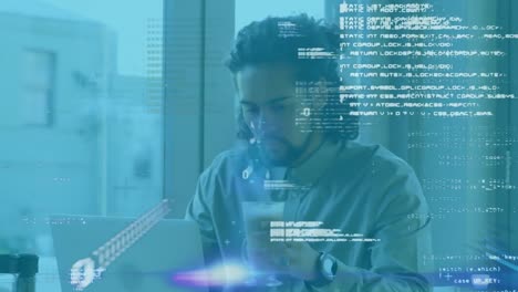 Animation of data processing over businessman using laptop