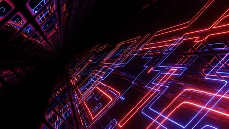 hi-tech neon sci-fi tunel. trendy neon glow lines form pattern and construction in mirror tunnel. fly through technology cyberspace. glow lines form sci-fi pattern. 3d looped seamless 4k bg.