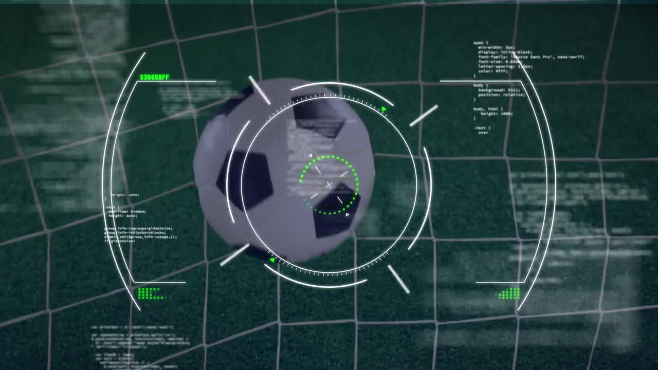 animación del escaneo del alcance sobre el procesamiento de datos contra el primer plano de un balón de fútbol que golpea la red de la meta