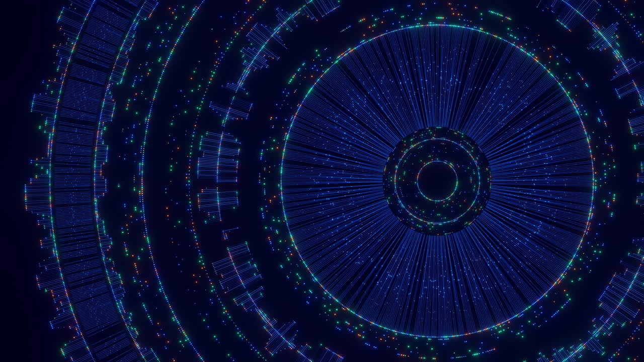 An abstract digital background with interconnected blue lines, glowing dots, and concentric circles, illustrating concepts of global networks, artificial intelligence, and big data processing