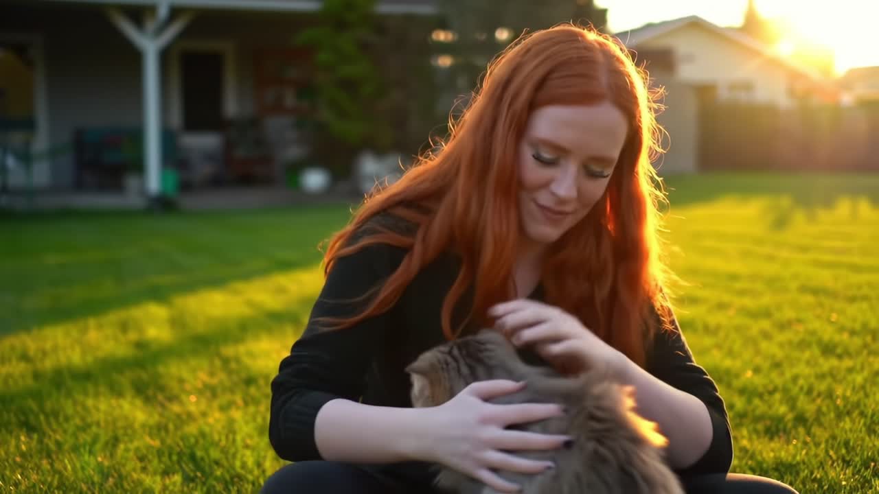 Joyful Moments: A Woman Enjoys Quality Time with Her Adorable Cat in a Sunlit Yard, Creating Memories in a Peaceful Outdoor Setting