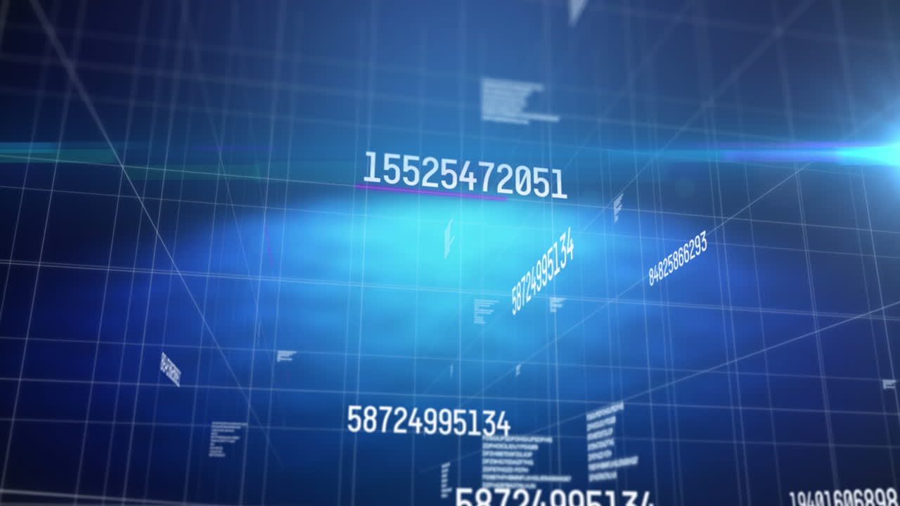 Animation of numbers changing data processing on grid on glowing blue background