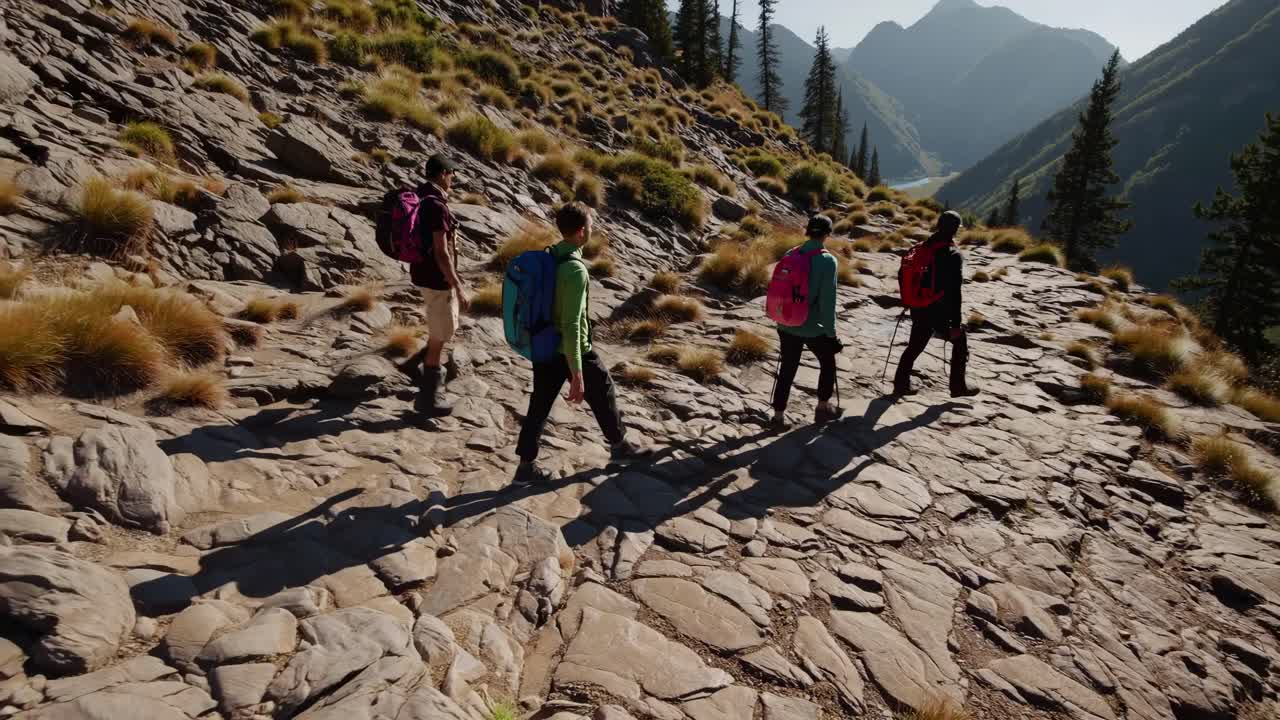 Four hikers traverse a rocky mountain path, casting long shadows