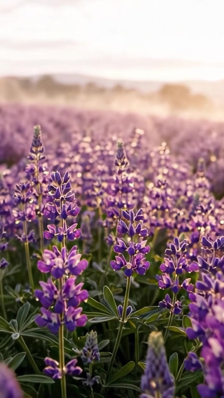 Una vista mozzafiato di rigogliosi fiori di lupino viola bagnati dalla calda luce dell'alba, che evidenzia la serena bellezza dello spettacolo floreale della natura