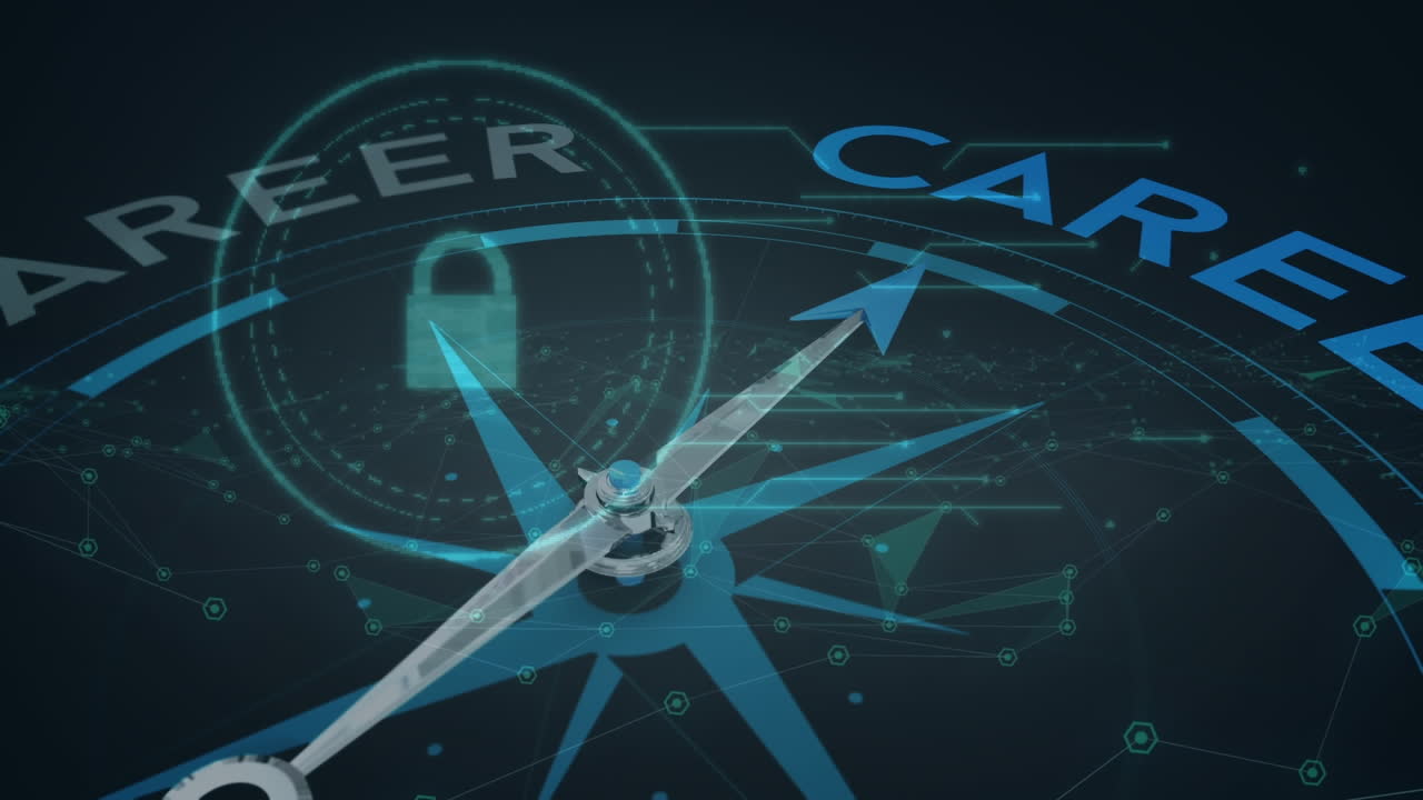 Animation of compass with texts over data processing and connections