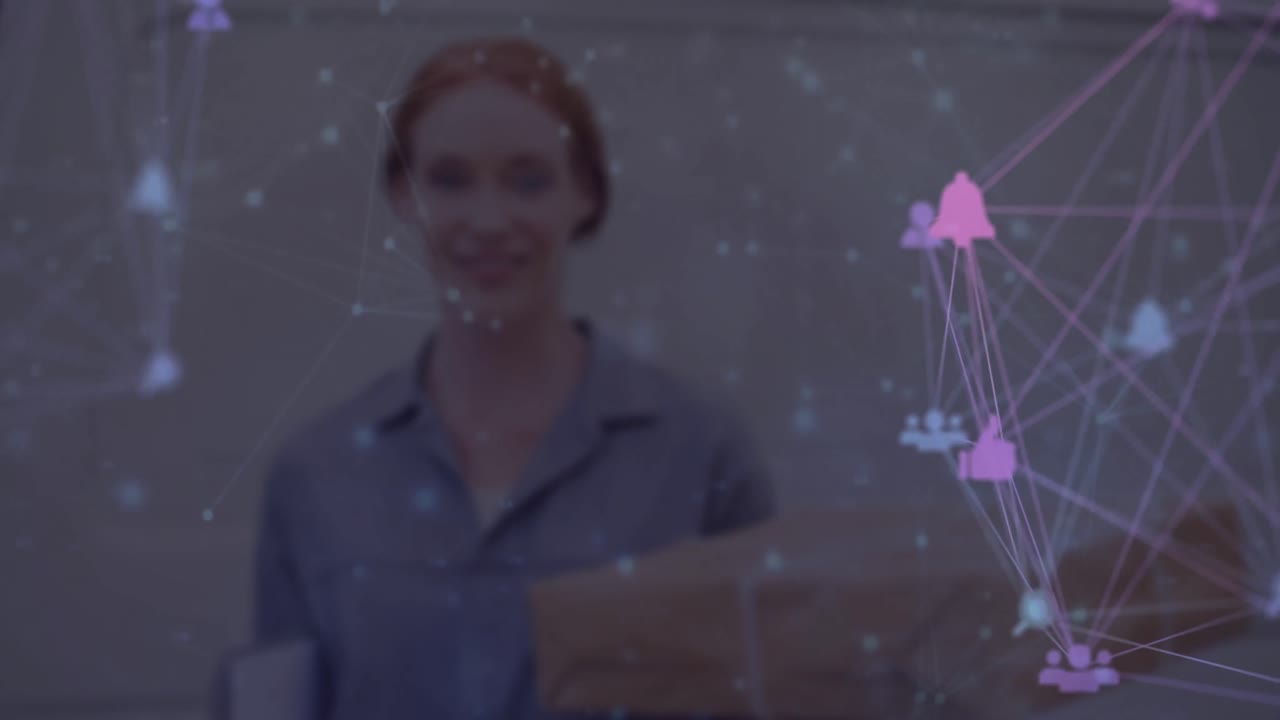 анимация сети соединений через кавказскую женщину-доставщицу