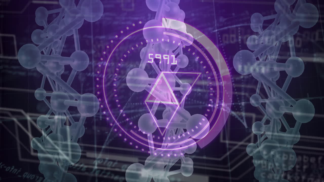 어두운 배경에 있는 dna 가닥 위에 과학적 데이터 처리의 애니메이션