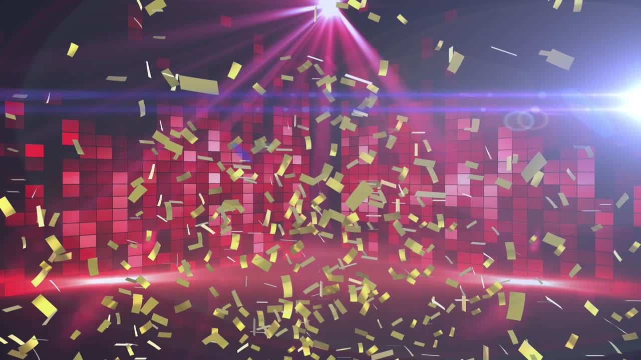 ⁇ 은색과  ⁇ 색의 불빛과 스포트라이트를  ⁇ 박이는 댄스 플로어에 떨어지는 금색 콘페티의 애니메이션
