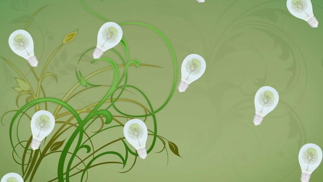 animación de bulbos y flores flotantes sobre un fondo verde