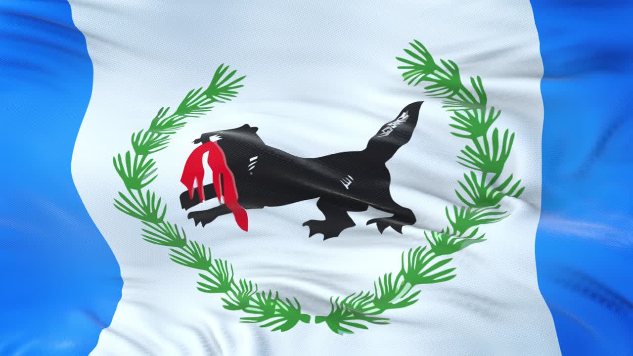 Irkutsk oblast (Federal subject of Russia) flag waving in the wind with highly detailed fabric texture. Seamless loop
