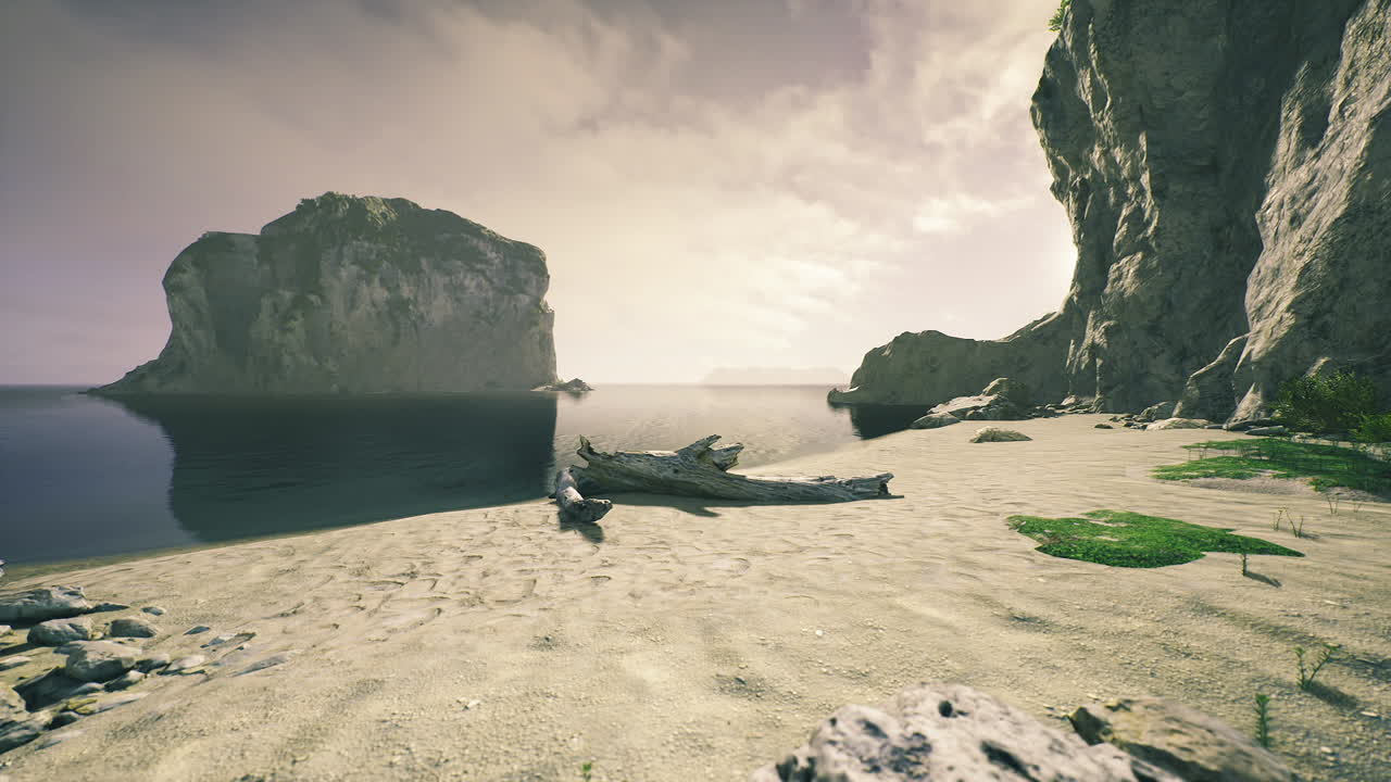 Tranquil sunrise at misty seaside with rocks and gentle waves