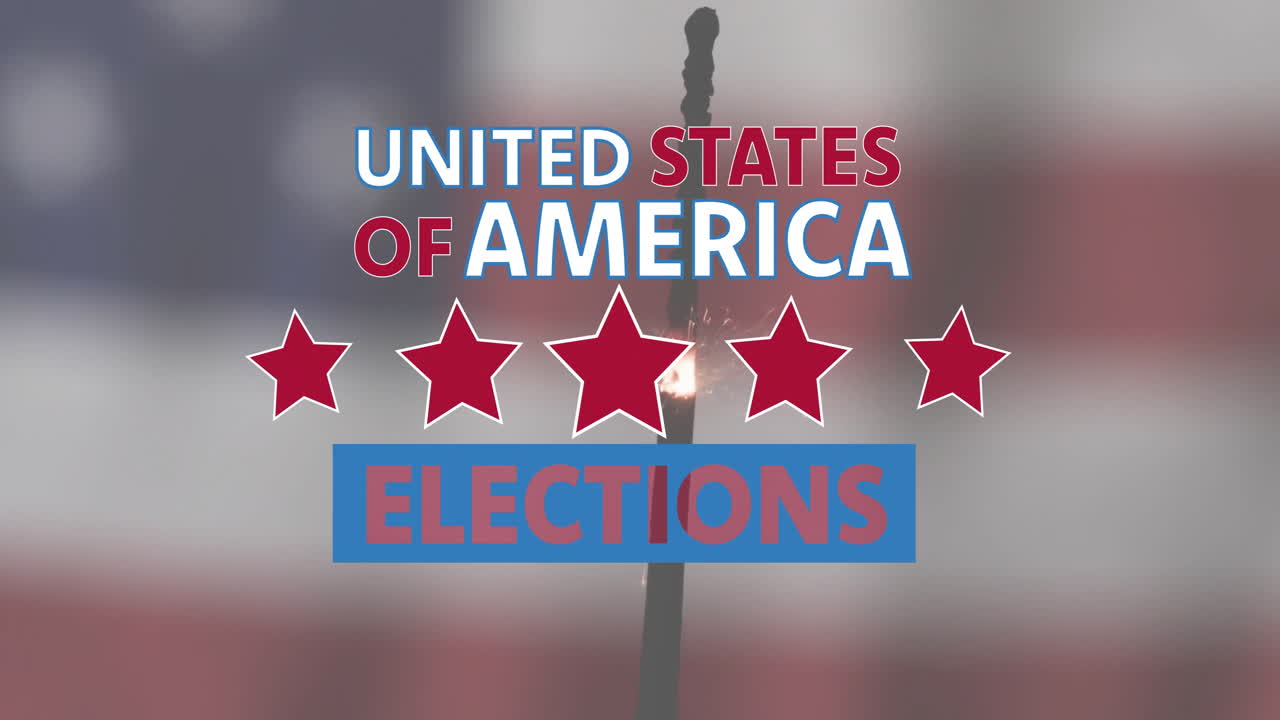 Animation of united states of america elections text and red stars over sparkler and american flag