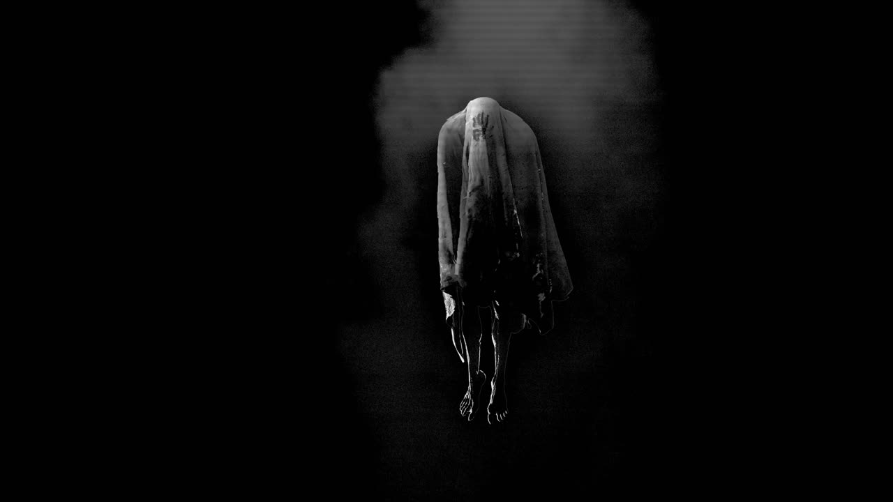 검은 바탕에 움직이는 유령과 연기의 애니메이션