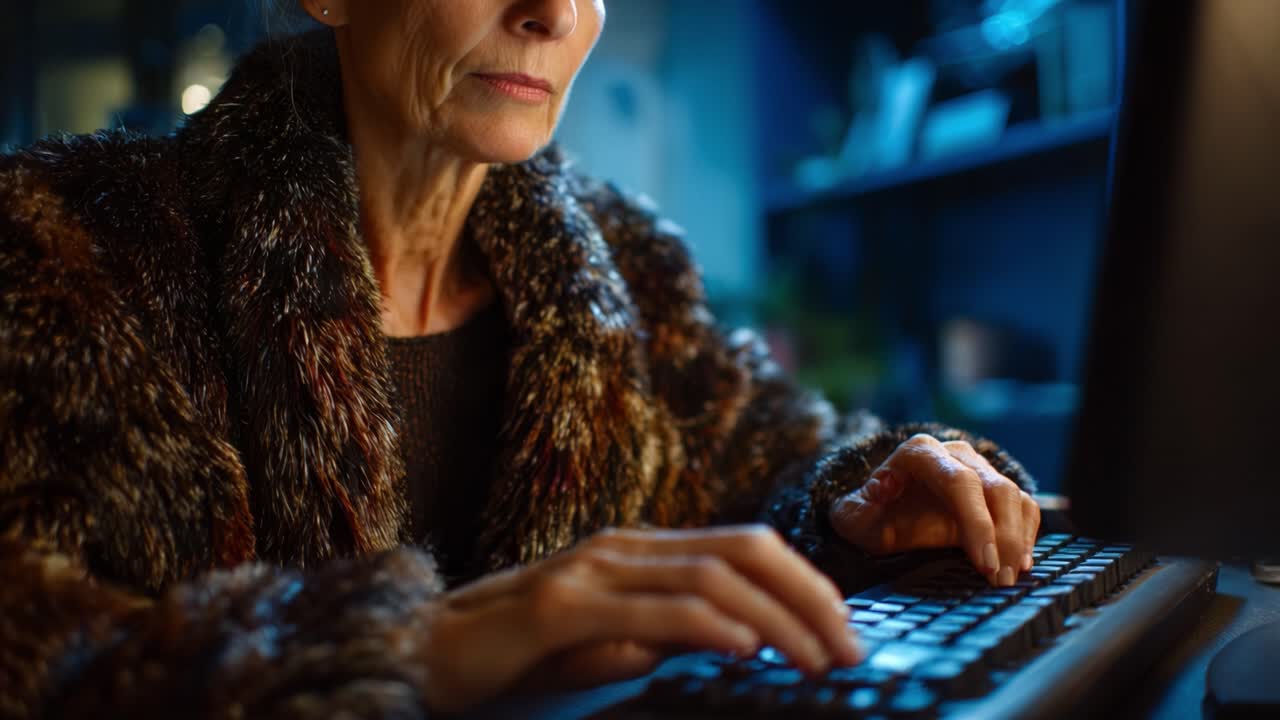 Et introspektivt øjeblik: En moden kvinde fordybet i tankefuld refleksion, mens hun skriver på et tastatur i et svagt oplyst rum med blød blå belysning