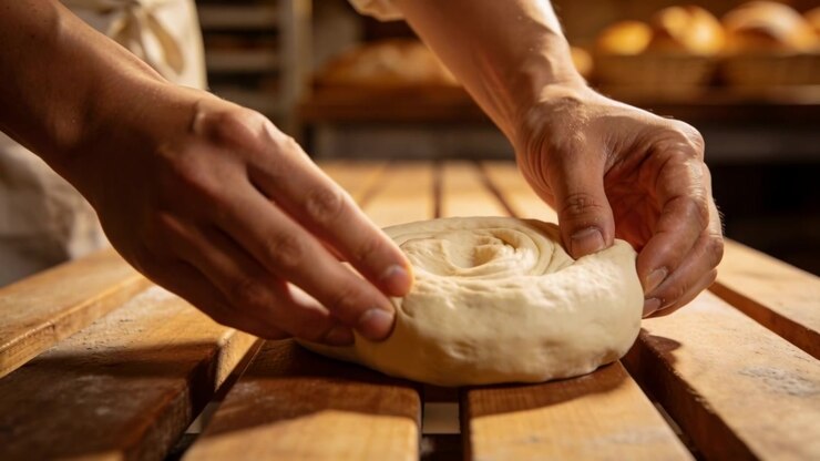 Placing coiled dough, hands in apron shaping spiral on bakery bench with rack loaves for proof