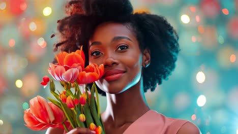 smiling woman holding vibrant tulips with a bokeh background