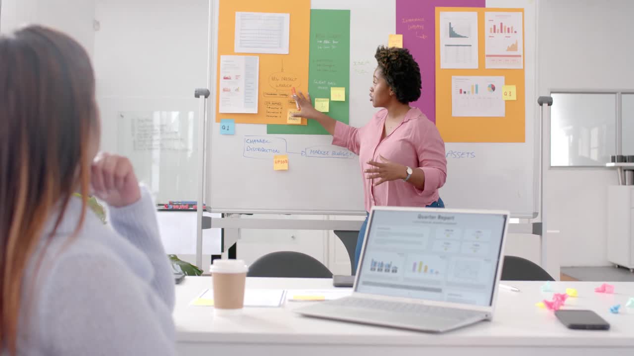 Femme d'affaires décontractée afro-américaine faisant une présentation à l'aide d'un tableau blanc au bureau, au ralenti.