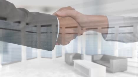 animation of businessman and businesswoman shaking hands over empty office