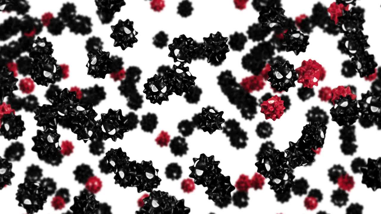 летающий многие вирусы в мультфильме персонаж. красный и черный. новый штамм. вариант. медицинская концепция. вирус талисман с сердитым. 3d цикл анимации.