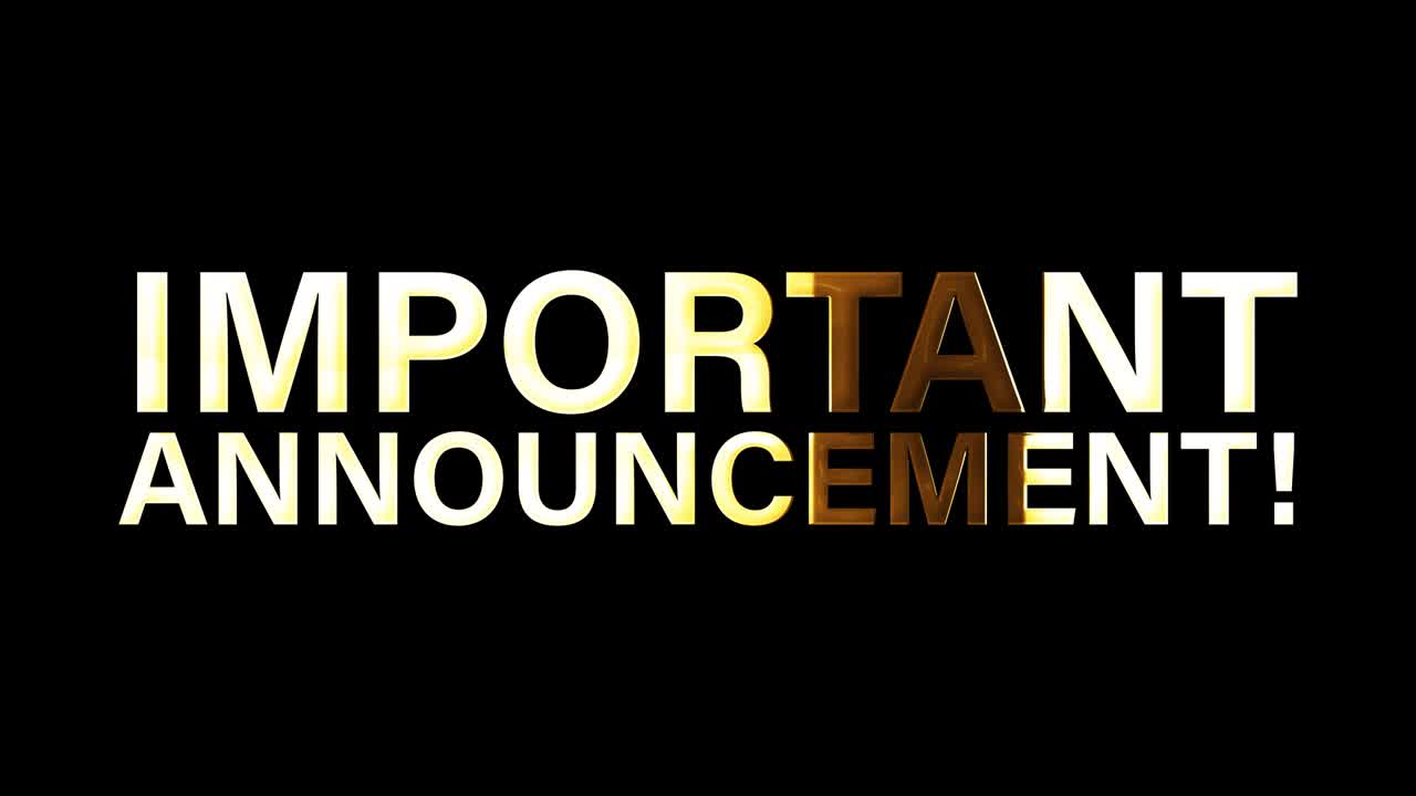 4K golden word IMPORTANT ANNOUNCEMENT Title. 3D Illustration word with gold light loop animation concept isolate using QuickTime Alpha Channel ProRes 4444 for business, marketing and advertising.