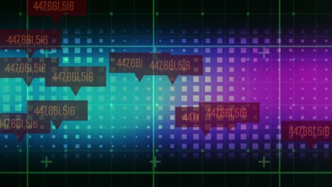 Animation-of-grid-pattern-over-changing-numbers-in-speech-bubbles-against-squares-in-background