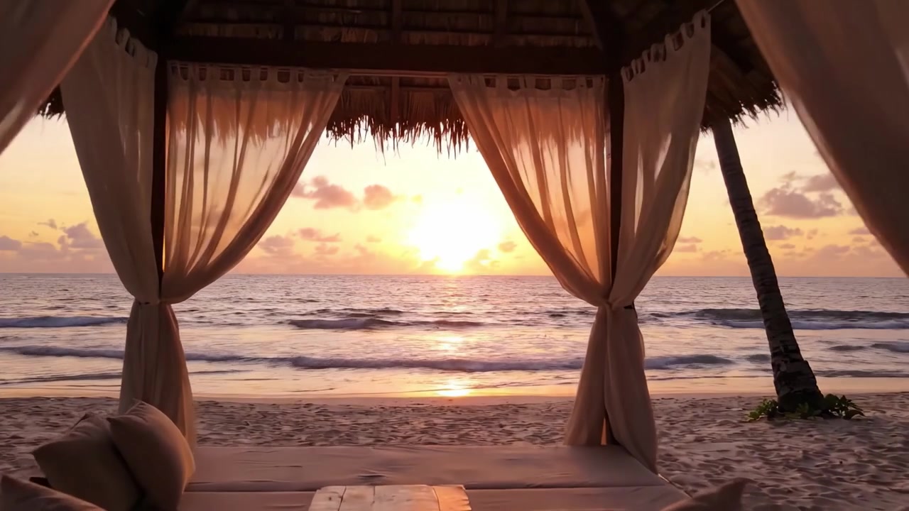 Vista serena do pôr do sol de um gazebo costeiro, rodeado por palmeiras em uma praia tranquila, capturando uma cena natural deslumbrante ao fim do dia.