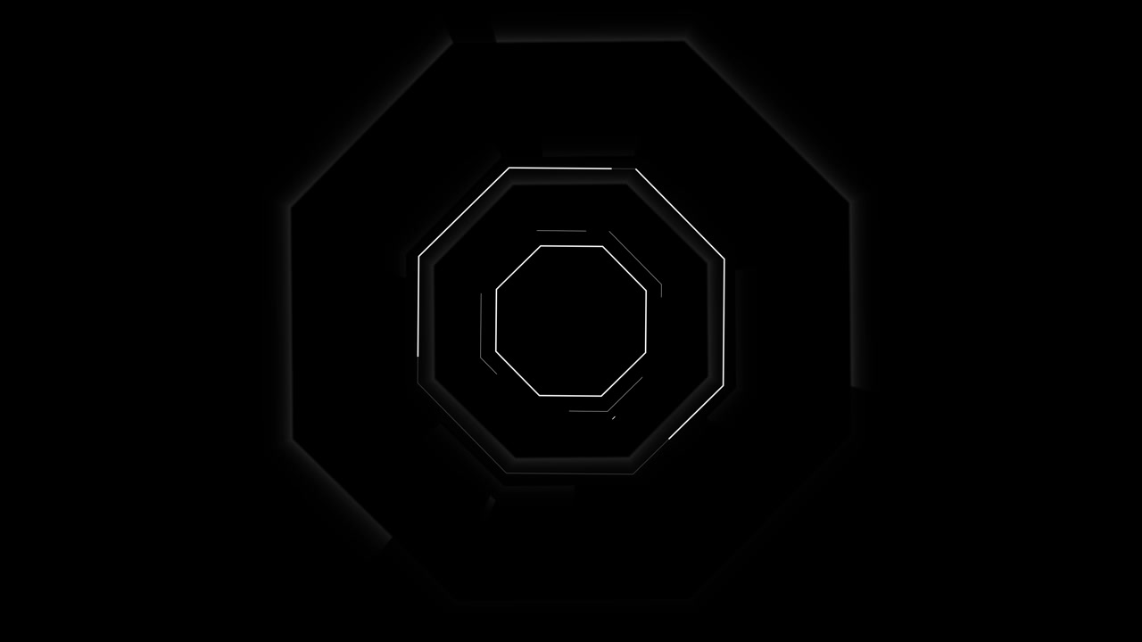 Minimal futuristic tunnel layered hexagon outlines glowing white edges black background sci fi