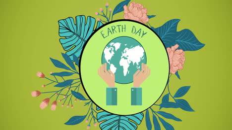 animation of earth day text and logo over flowers on green background