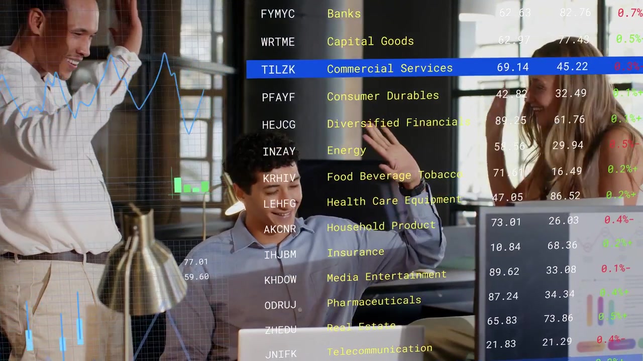 Three coworkers leaning over laptop celebrating as live market overlay updating charts and tickers
