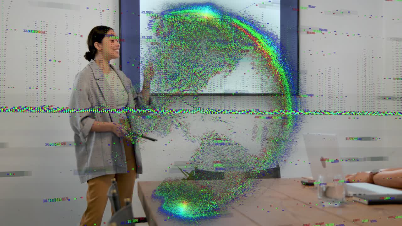 Female presenter tapping tablet and guiding business meeting, animated charts highlighting data