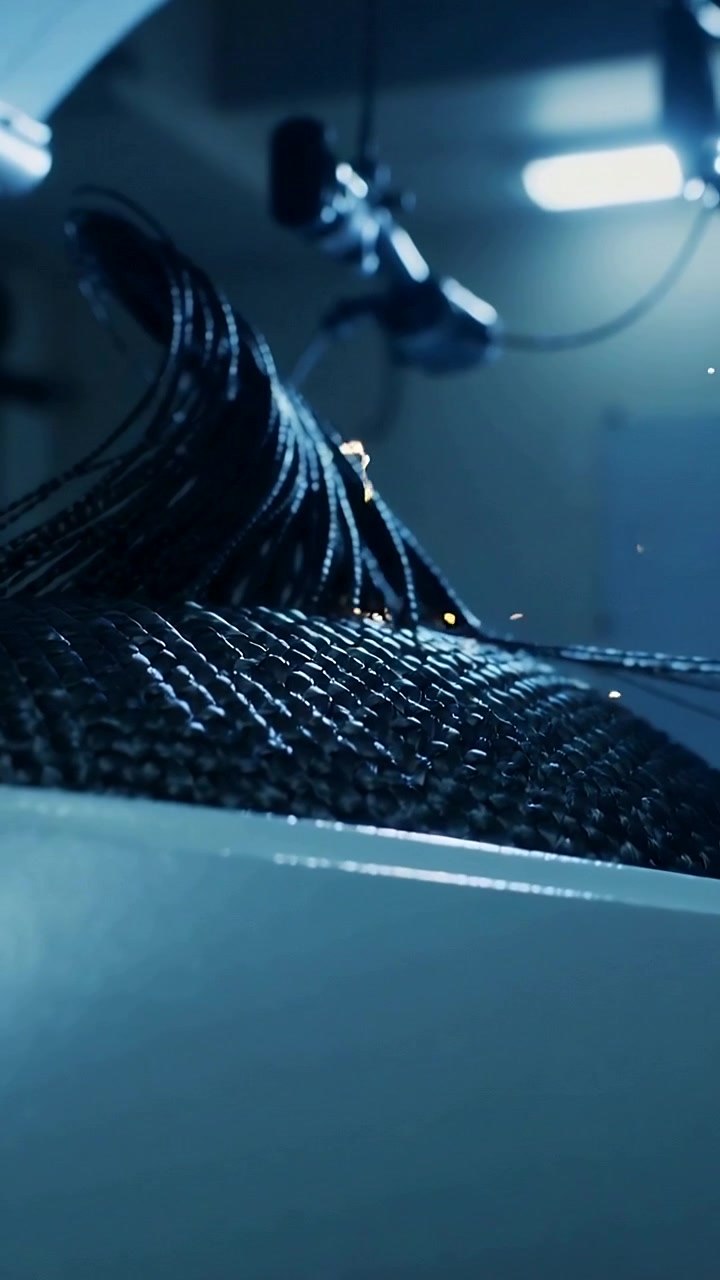 Vertical video: Guiding gantry passing bot over woven preform on bed for processing