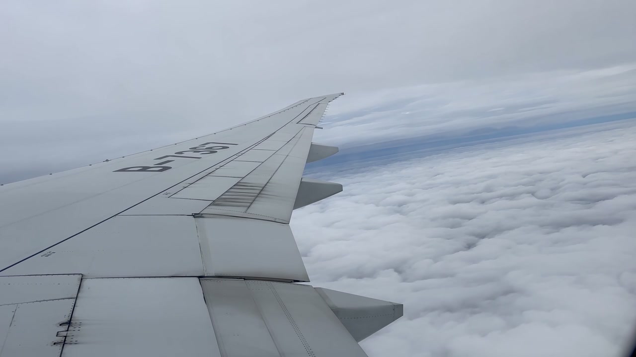 Vista dal finestrino di un aereo che mostra l'ala sopra un vasto strato di nuvole bianche. Un cielo luminoso e coperto si estende all'orizzonte durante un volo sulla Russia