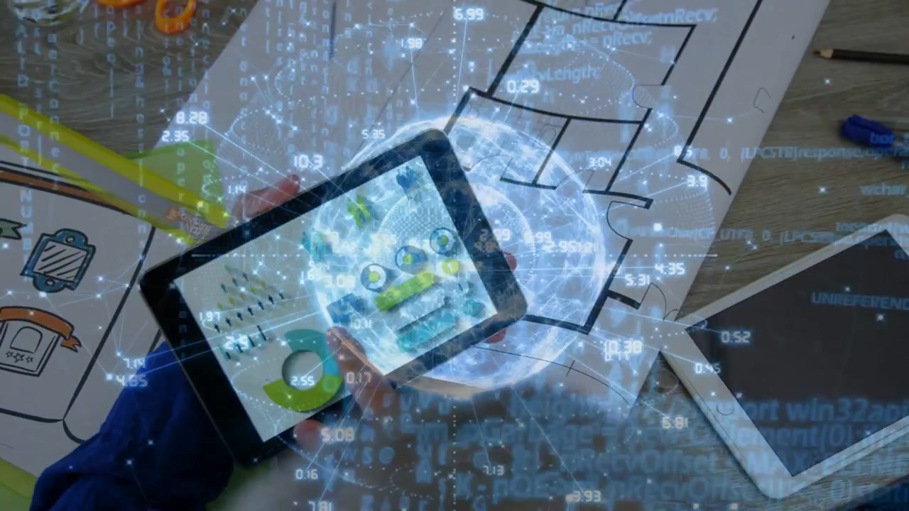 Man holding tablet, tapping and swiping, causing 3D globe and nodes shifting while exploring data