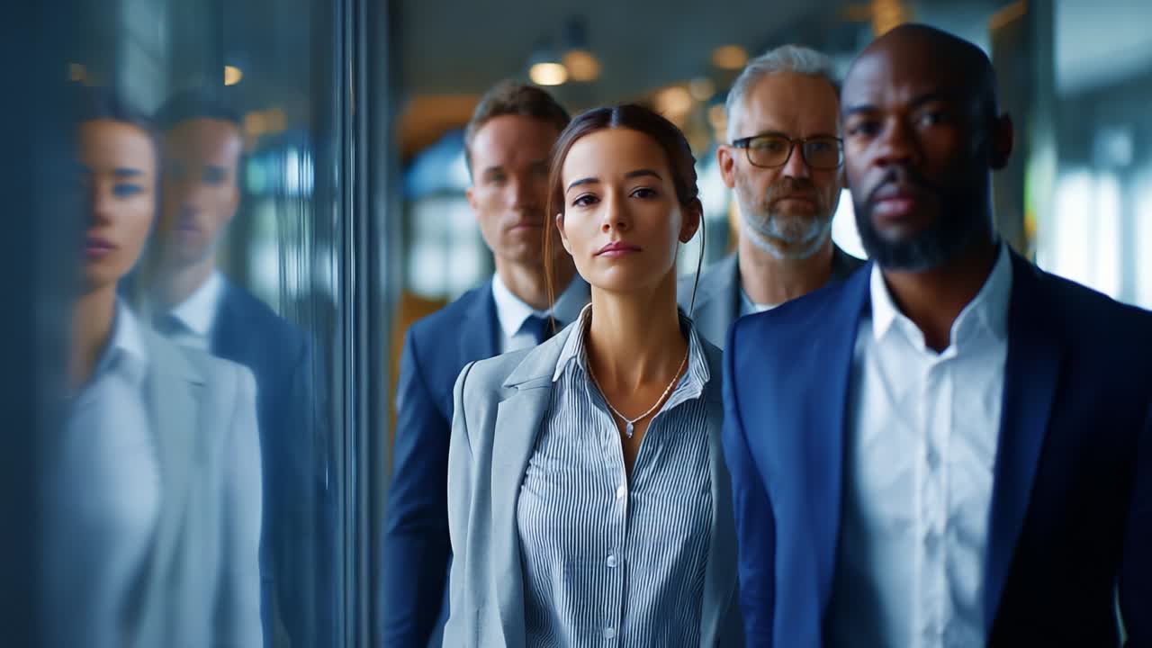 A group of professionals clad in business attire confidently walk together in a modern office environment, demonstrating teamwork and collaboration as they move purposefully down the corridor