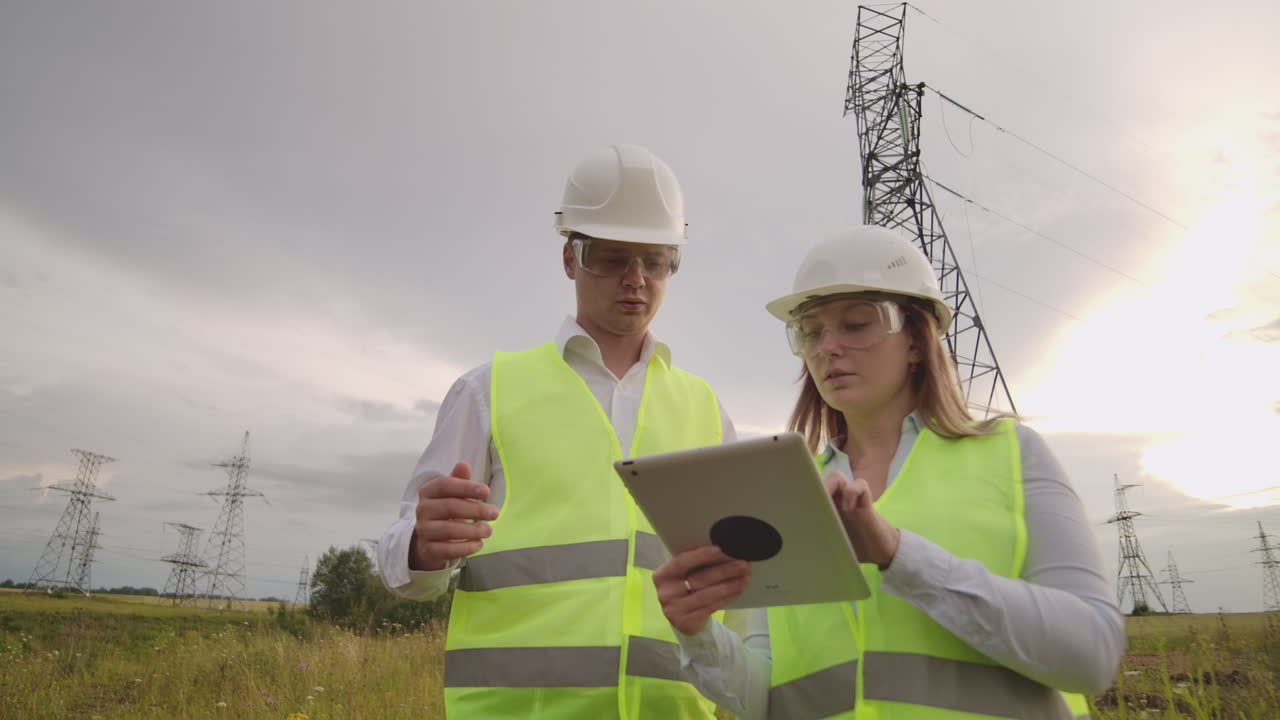 un electricista masculino y femenino en los campos cerca de la línea de transmisión de energía. es un electricista que gestiona el proceso de erección de líneas eléctricas. el mecánico con un casco y el gerente con una tableta