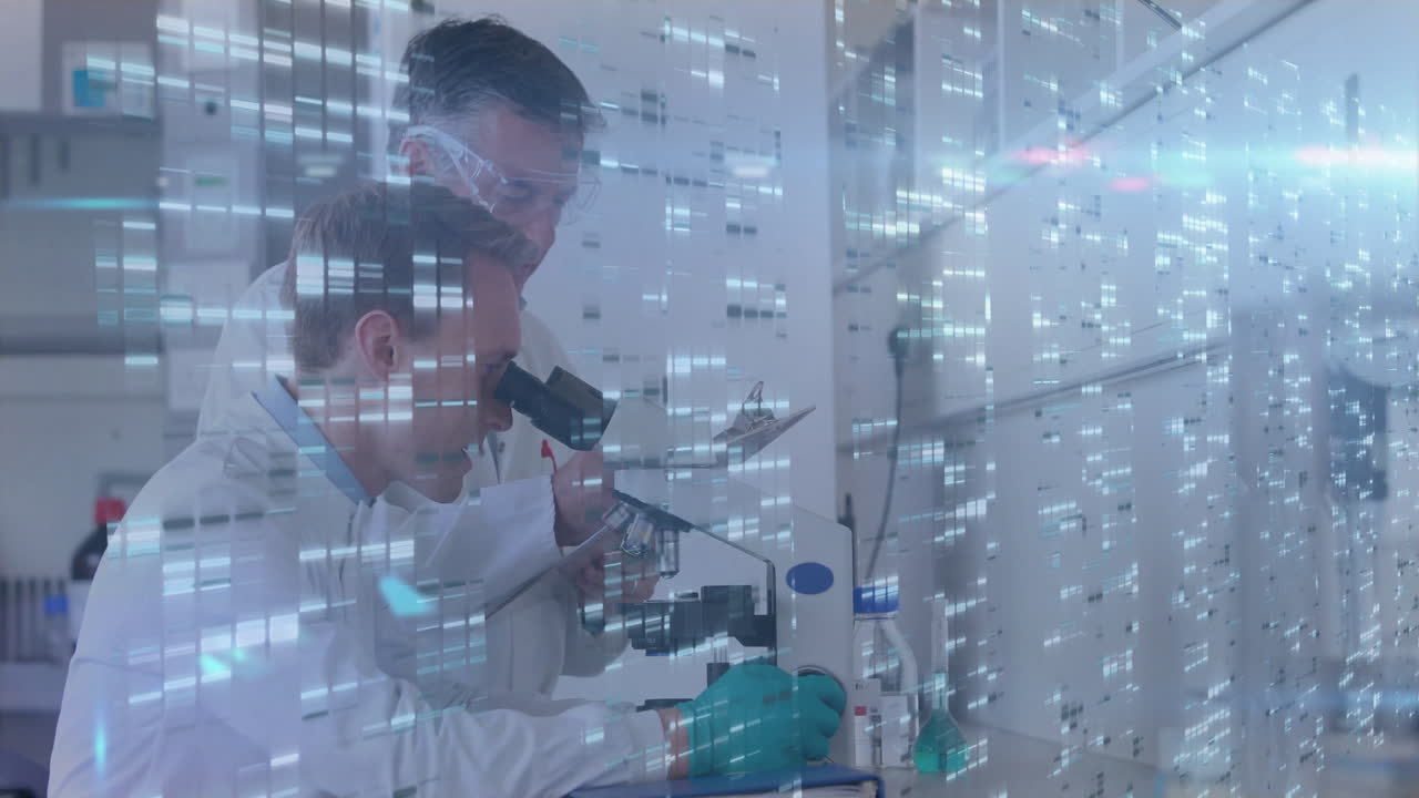 Examining samples under microscope, scientists analyzing digital data with animation overlay